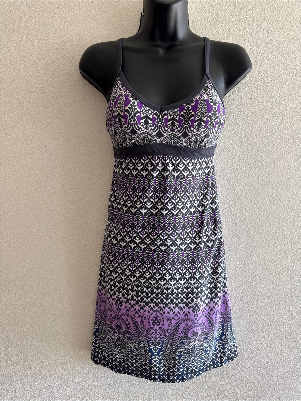 Athleta Black and Purple Patterned swim dress size XS
